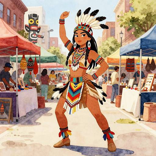 Digital watercolor of a Native American woman dancing in a vibrant market, wearing colorful traditional attire with feathers, beads, and jewelry.