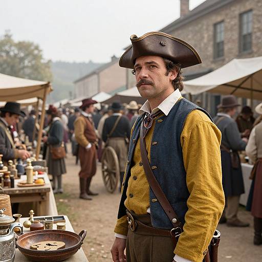 Photograph of a mustached man in 18th-century colonial attire, yellow shirt, blue vest, tricorn hat, at a bustling outdoor market