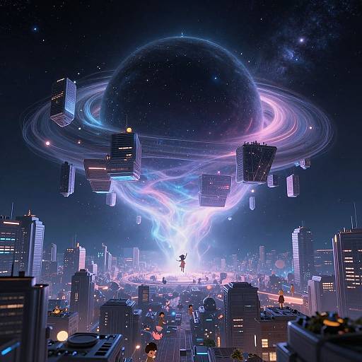 Digital art of a futuristic cityscape with skyscrapers orbiting a glowing, purple and blue planet in a starry night sky. Bright, eth