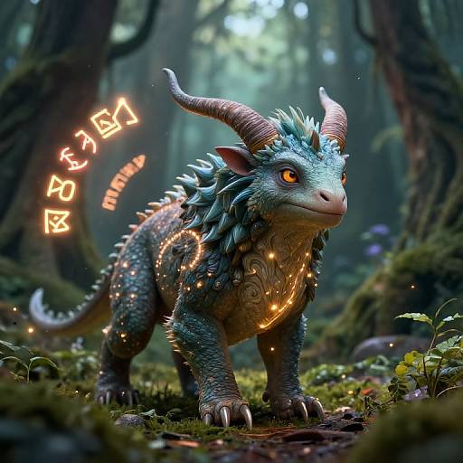 Digital fantasy artwork of a blue, glowing dragon-like creature with curved horns, orange runes on its back, and vibrant forest background.