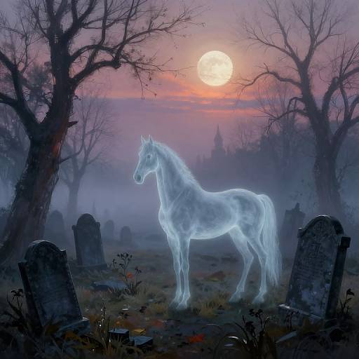 Digital painting of a glowing, ethereal white horse in a haunted graveyard at sunset, surrounded by bare trees and tombstones.