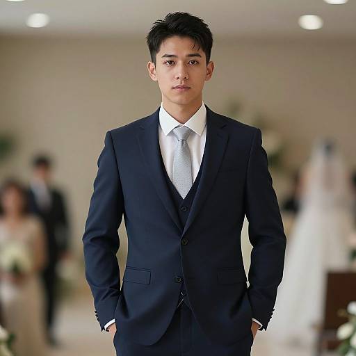 Photograph of an Asian male groom in a black suit and white tie, standing confidently with hands in pockets, blurred wedding guests in background.