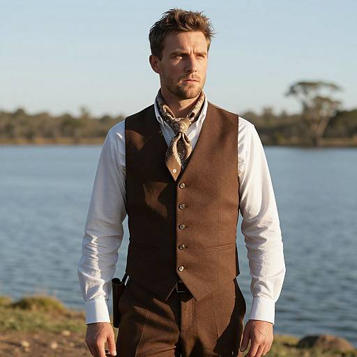 Photograph of a serious-looking man with short brown hair, wearing a white shirt, brown vest, and patterned necktie, standing by a calm