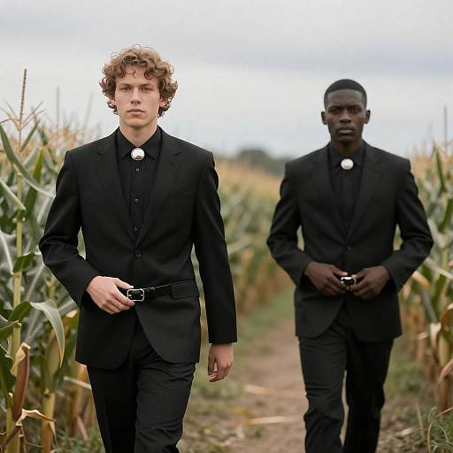 Two Men in Black Suits Walking Through Cornfield