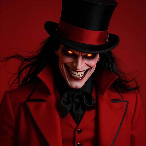 Photograph of a sinister clown with glowing yellow eyes, black face paint, red top hat, and coat, against a red background.