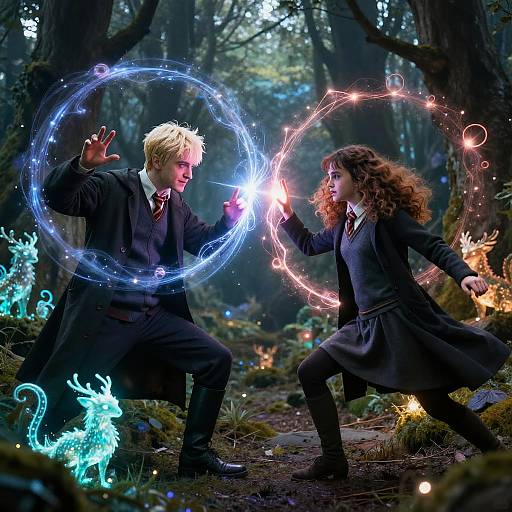 Photograph of two magic-wielding characters in a forest, a blonde man casting blue magic and a curly-haired woman red magic, surrounded by glowing creatures