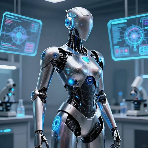Photorealistic CGI of a futuristic silver female robot with glowing blue accents in a high-tech lab, surrounded by holographic screens.
