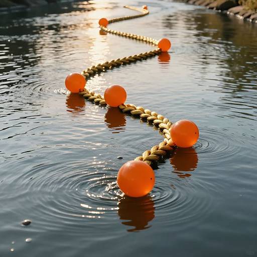 Photograph of a gold rope with bright orange buoys floating on rippling water, sunlight reflecting off the surface.