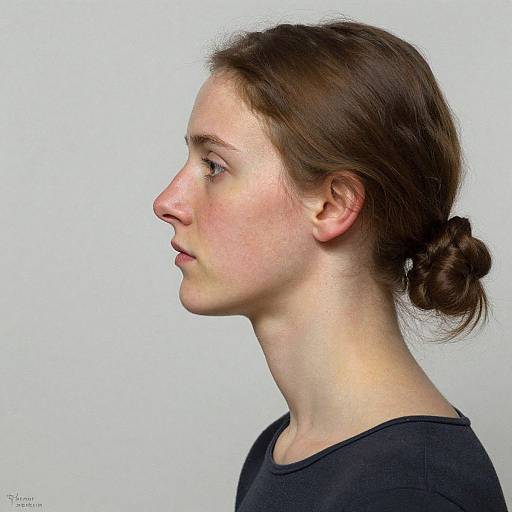Photograph of a young white woman with light skin and brown hair in a bun, profile view, wearing a black shirt against a plain white background.