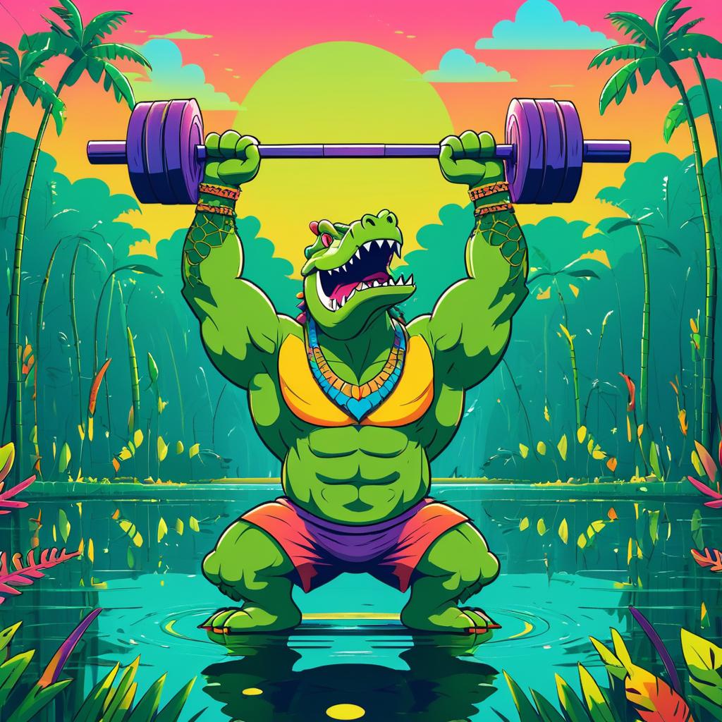 Cartoon Muscular Crocodile Lifting Weights