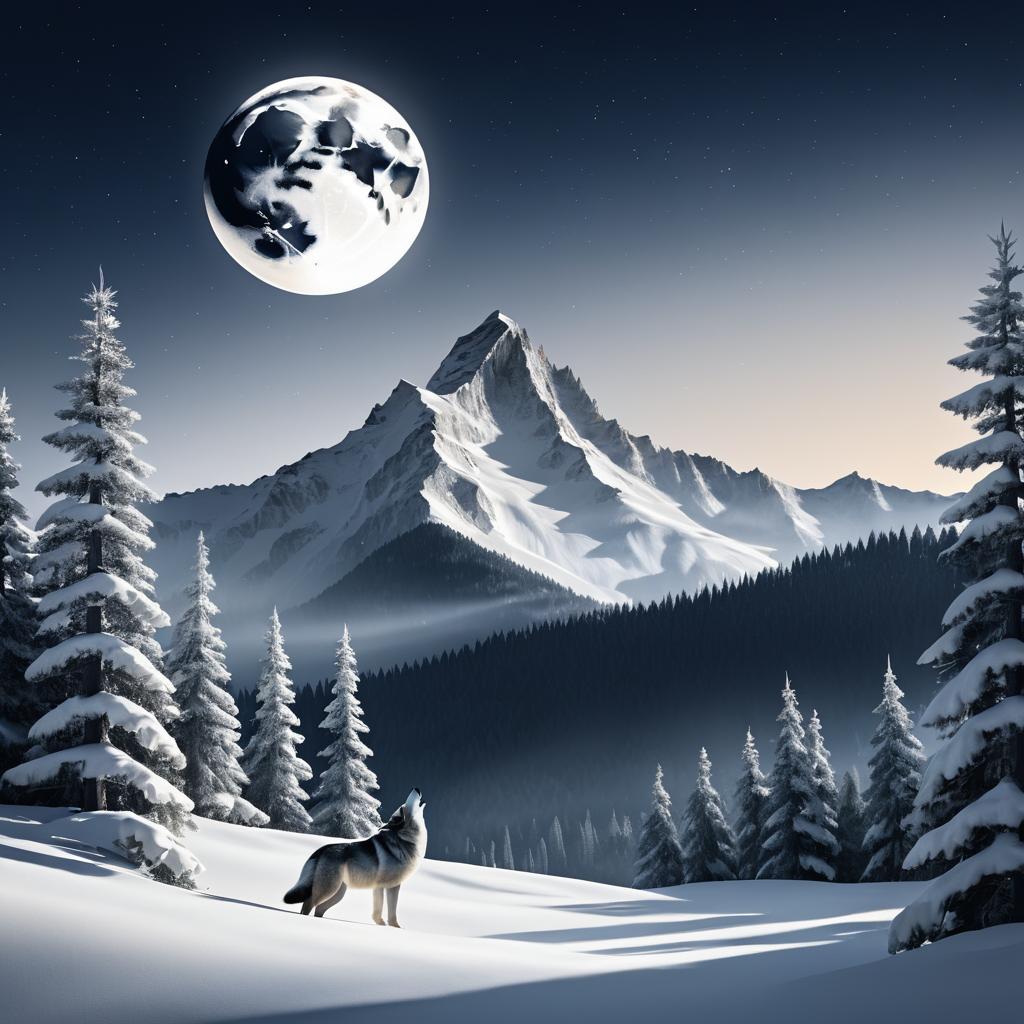 Cinematic Snowy Mountain Landscape with Wolf