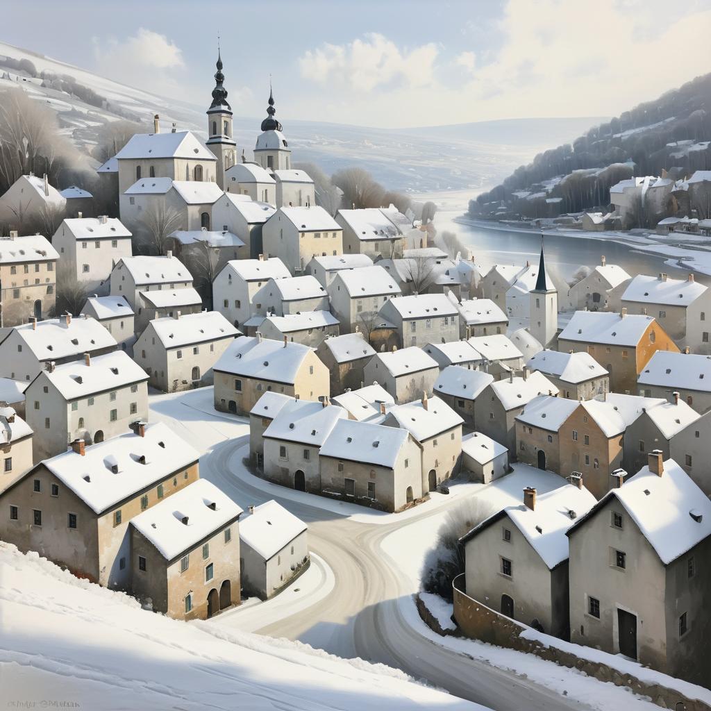 Serene Snowy Village in Hyperrealistic Style