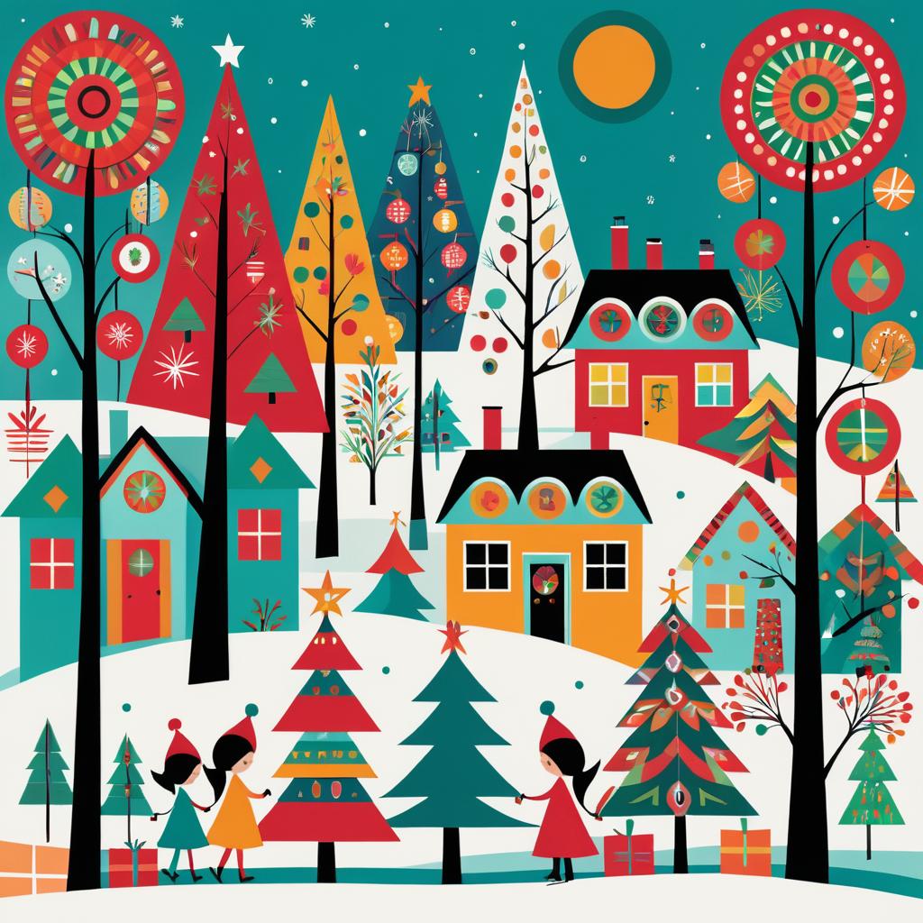 Whimsical Holiday Scene in Colorful Folk Art