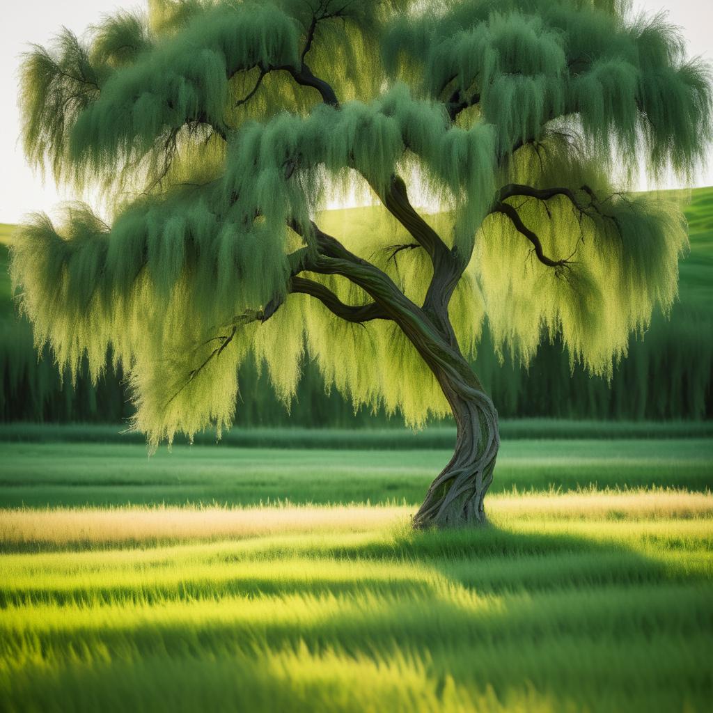 Twisted Willow Tree in a Meadow