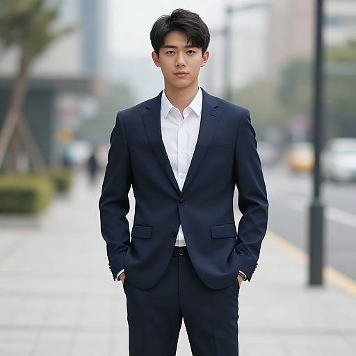 Photograph of a handsome Asian man in a black suit with white shirt, hands in pockets, standing on a blurred urban street.