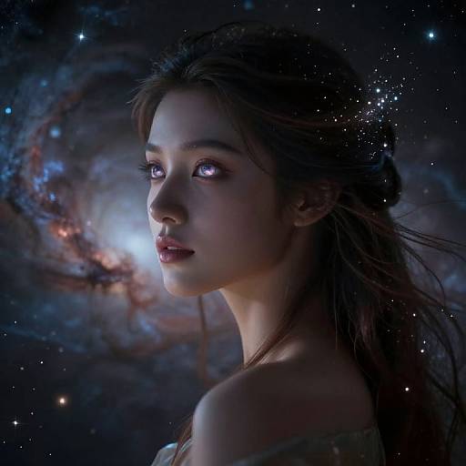 Digital art of a beautiful woman with glowing purple eyes, long brown hair, and fair skin, set against a cosmic galaxy background.