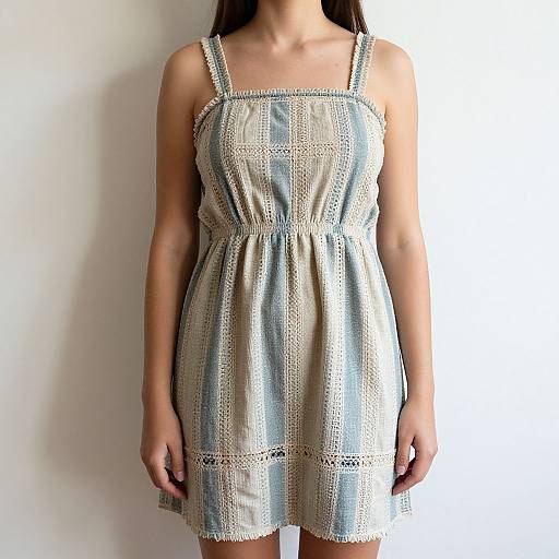 Photograph of a woman in a sleeveless, white and light blue, lace-trimmed, knee-length dress, standing against a plain white background
