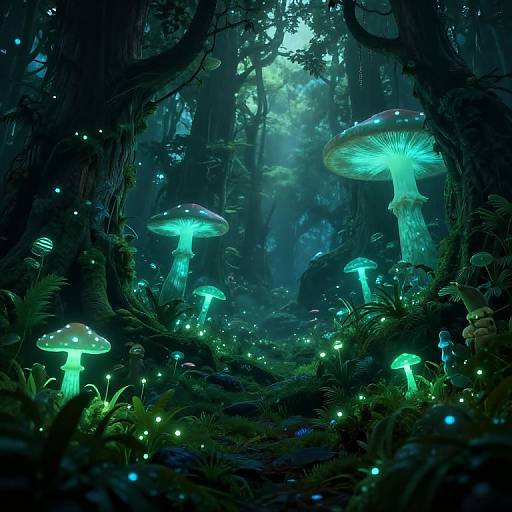 Digital fantasy artwork of a glowing, bioluminescent forest with large, neon-green mushrooms, tiny fireflies, and dense, mysterious foliage illuminated by