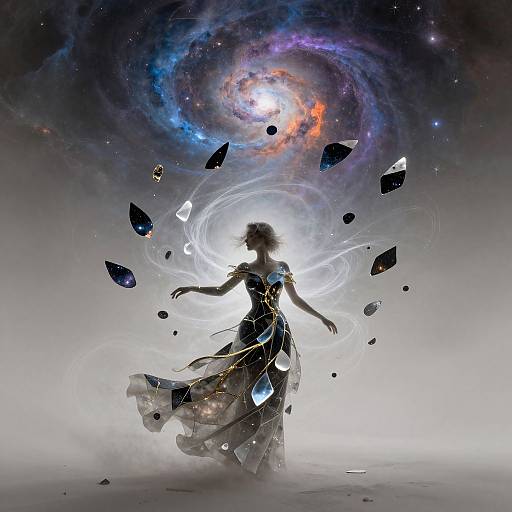 Silhouetted figure in flowing black dress, surrounded by floating shards, against a swirling galaxy backdrop, bathed in radiant light. Digital art.