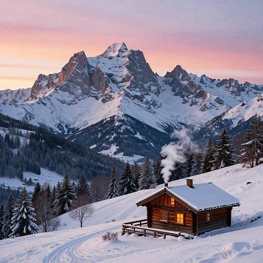 Snowy Mountain Dawn with Cozy Cabin
