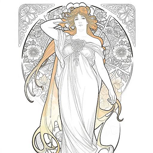 Detailed, line-art illustration of a serene, red-haired woman in a flowing, white gown, with intricate floral patterns in the background.