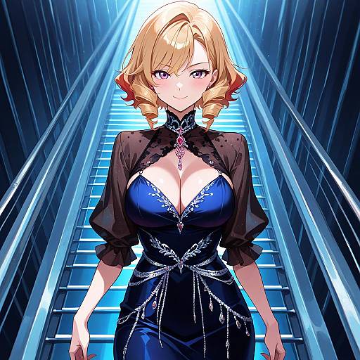 Digital anime artwork of a blonde woman with curly hair, large breasts, wearing a black lace dress with blue accents, standing on glowing blue stairs in a