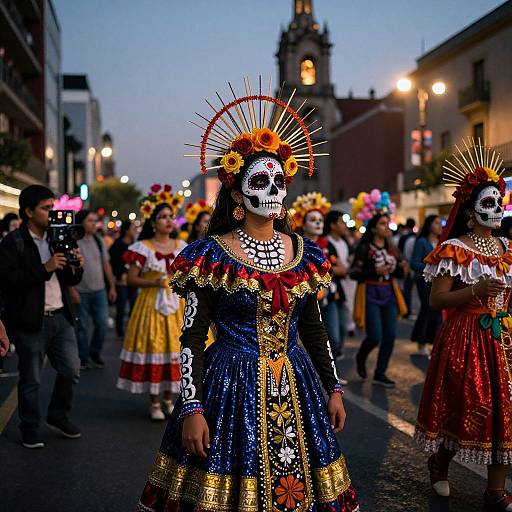 Photograph of two women in vibrant, intricately decorated Day of the Dead costumes with skull masks, colorful dresses, and radiant headdresses, walking in