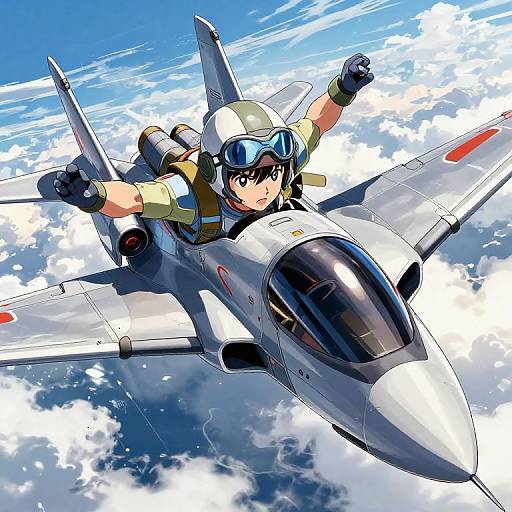 Anime-style illustration of a young female pilot in a green helmet and goggles, flying a silver jet fighter through a bright blue sky with fluffy white clouds.