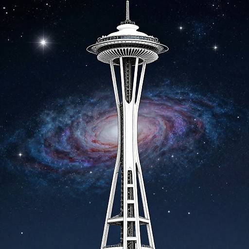 Digital artwork of the Space Needle against a night sky with a colorful spiral galaxy, stars, and a bright star in the top left.