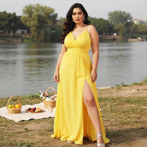 Elegant Woman in Yellow Gown by Riverside