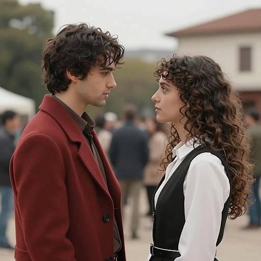 Photograph of a curly-haired couple facing each other in an outdoor setting; man in red coat, woman in white blouse with black vest, blurred crowd