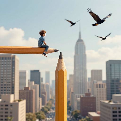 Photograph of a small child with curly hair sitting on a giant pencil, overlooking a cityscape with birds flying, the Empire State Building in the background