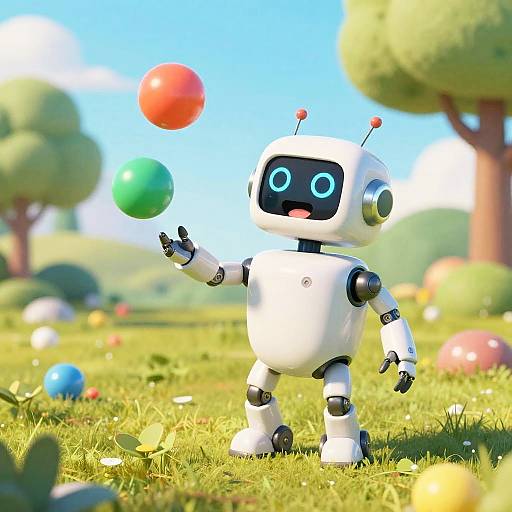 Quirky Robot Juggling Balls in Cartoon Park