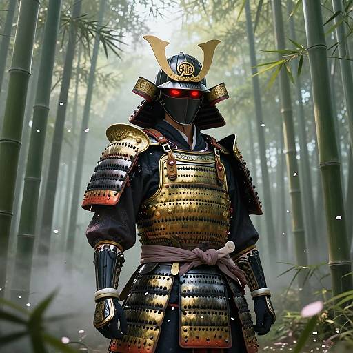 Digital art of a samurai in golden armor with red glowing eyes, standing in a misty bamboo forest. Helmet features traditional Japanese design. Background includes