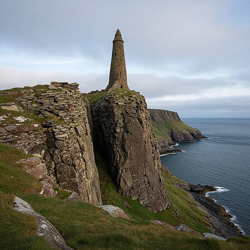 Photograph of a tall, stone lighthouse atop a rugged, grassy cliff with a deep ocean view under a cloudy sky.