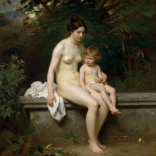 Photorealistic painting of a nude woman with dark hair and fair skin, sitting on a stone bench, holding a naked, fair-skinned toddler with
