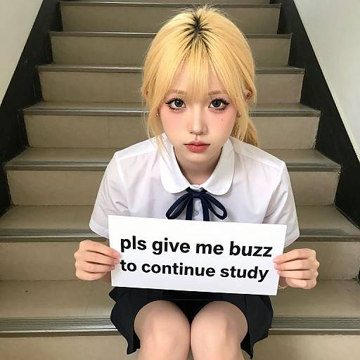 Photograph of a blonde, fair-skinned Asian girl with bangs, wearing a white shirt and black skirt, holding a sign reading 