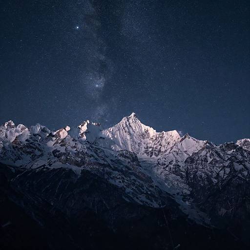 Photograph of a starry night sky over a snow-capped mountain range, with the Milky Way visible and peaks illuminated by light.