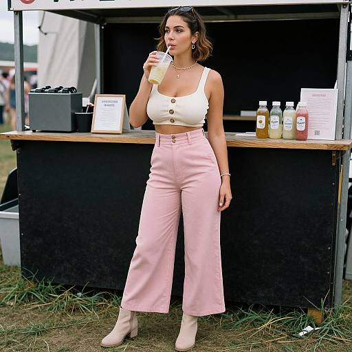 Photograph of a young woman with light brown skin, medium build, and shoulder-length brown hair, wearing a white tank top, pink high-wa