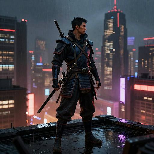 Cinematic Neon Samurai on Rainy Rooftop