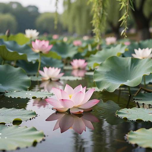 Photograph of a serene pond with pink and white lotus flowers, green lily pads, and drooping willow branches in the background.