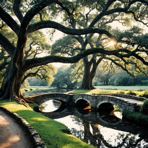 Ancient Oaks and Stone Bridge at Sunrise Ancient Oaks and Stone Bridge at Sunrise