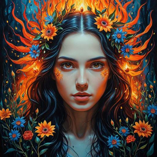 Enchanted Woman with Fiery Floral Aura