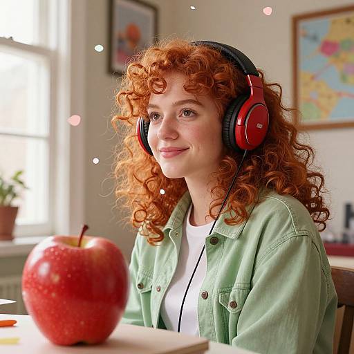Photograph of a curly red-haired woman with fair skin, wearing a green jacket and red headphones, smiling at a red apple in a sunlit room