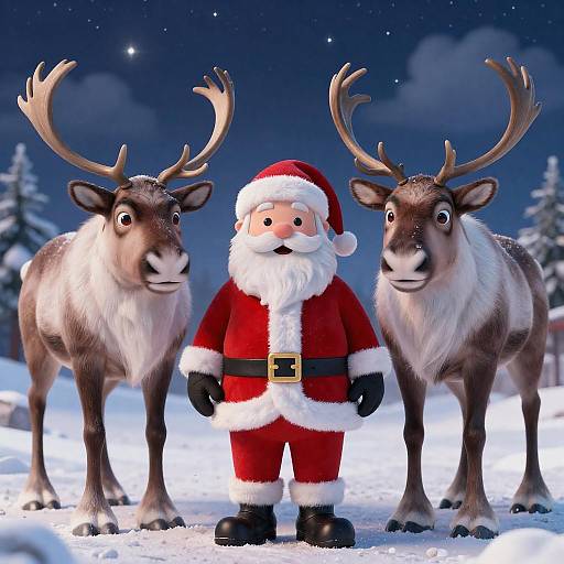 Starry Snow Night: Santa and Reindeer