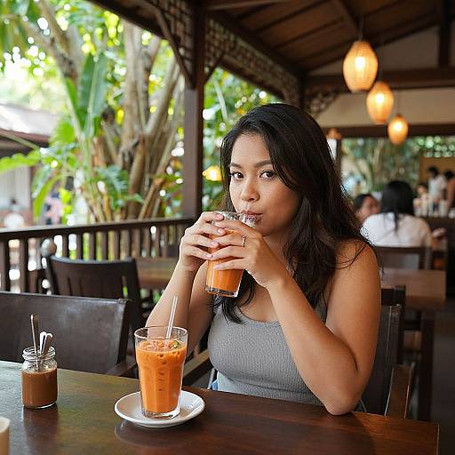 Photograph of an Asian woman with long black hair, wearing a gray tank top, sipping an orange smoothie at an outdoor café with lush green