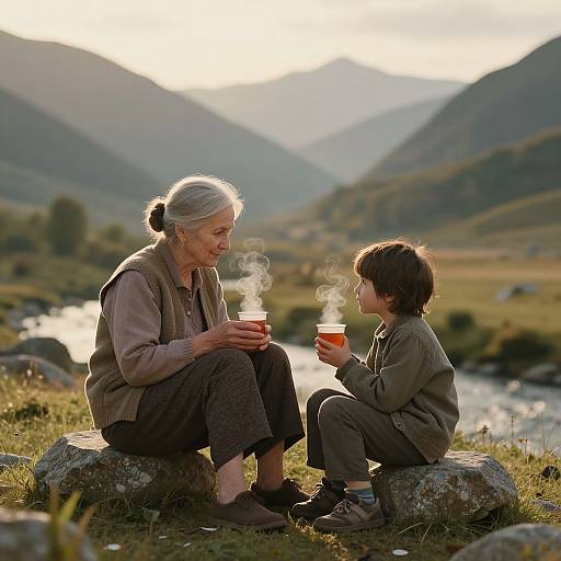 Photograph of elderly white woman with gray hair, wearing brown vest and dark pants, sitting on rock, smiling at young boy with brown hair, wearing
