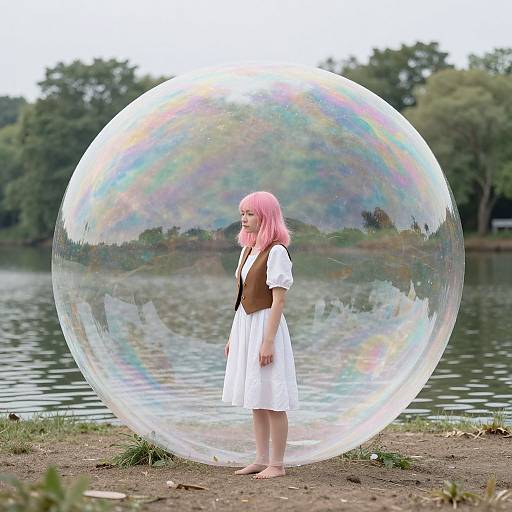 Photograph of a pink-haired girl with white dress and brown vest, standing barefoot beside a large, rainbow-colored soap bubble by a lakeside.