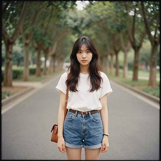 Photograph of an Asian woman with long black hair, wearing a white t-shirt, blue denim shorts, brown bag, standing on a tree-lined path