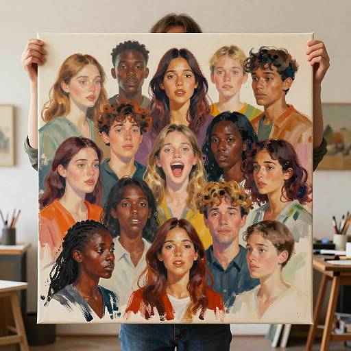 Photograph of a person holding a colorful, realistic, digital painting of a diverse group of 13 people with various expressions, in an art studio.